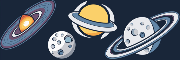Intergalactic icon set with orbiting galaxy, moon, and celestial body with rings