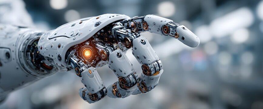 Advanced robotic hand with glowing core pointing forward in a modern laboratory