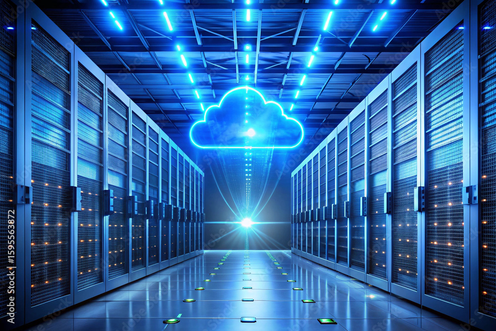 Poster a server room with rows of servers and a glowing cloud above the central server rack in blue light