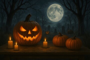 Spooky Halloween Backdrop with Pumpkin Head Lantern and Full Moon in Forest Graveyard