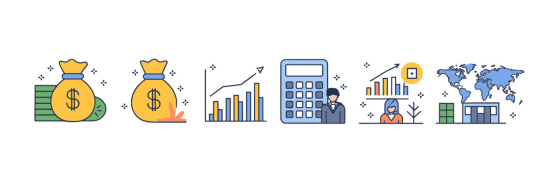 Blue-stroked icons of finance including business people, world map, and charts – Great for global finance apps, economic dashboards, or corporate content