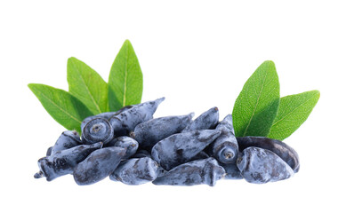 Honeysuckle berry isolated on white background. Fresh honeysuckle blue berry fruits with green leaves. Clipping path.