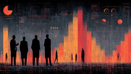 Silhouettes of business people observing a futuristic cityscape with glowing digital data displays