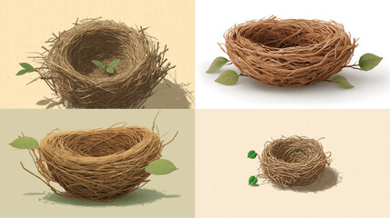 Four bird nests with green leaves, symbolize nature, springtime, new beginnings a collage.