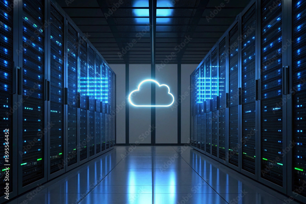 Poster a server room with rows of computer servers and a cloud symbol on the back wall in blue lighting