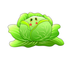 Adorable Cabbage Vegetable Mascot with Cheerful Expression. Happy Green Cabbage Character Isolated on White. Cute Cartoon Cabbage with Smiling Face Illustration