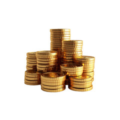 Shiny stacks of many gold coins, financial wealth concept on transparent background