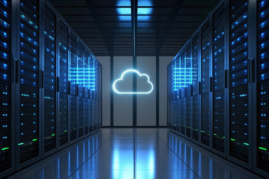 A server room with rows of computer servers and a cloud symbol on the back wall in blue lighting