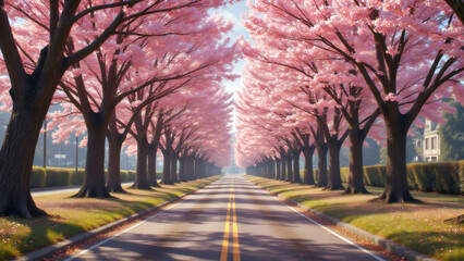 Naklejka premium Stunning Cherry Blossom Lined Road in Spring Landscape