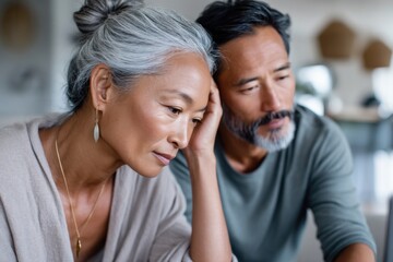 Naklejka premium Middle-aged Asian parents explore emotional learning strategies in their family room