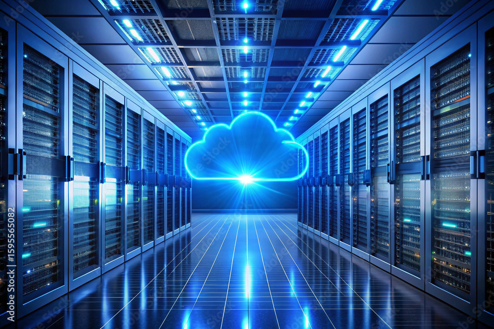 Poster a server room with rows of servers and a glowing cloud symbol in the middle of the hallway space