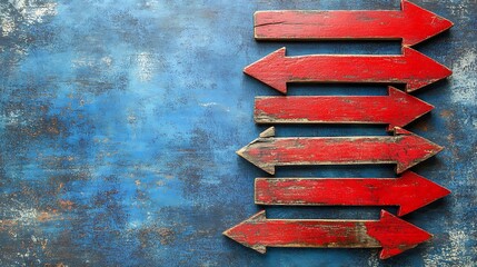 Several weathered wooden directional arrows against a textured blue background.
