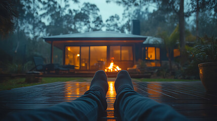 Cozy Evening by the Fire Relaxing View from a Deck
