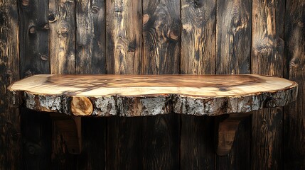 Wooden shelf made of a tree trunk slice against a dark wooden wall.