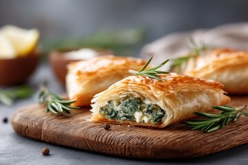 Flaky Greek spanakopita filled with spinach and feta on a rustic wooden board