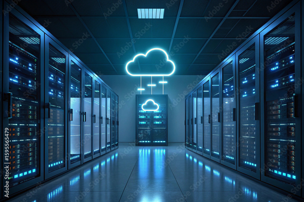 Poster servers in a data center with a glowing cloud hovering in the middle of the aisle for cloud computin