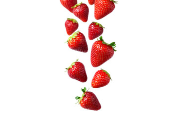 Falling strawberries isolated on white background for fruit freshness and dessert concept visuals
