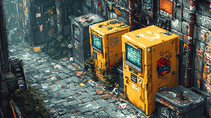 Cyberpunk Alleyway with Retro-Futuristic Vending Machines