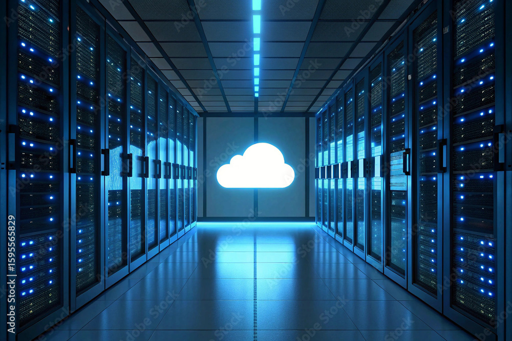 Poster cloud computing data center server room for it infrastructure and network technology solutions desig