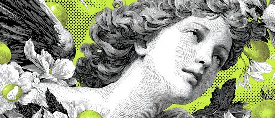 Engraved Woman Portrait with Flowers and Fruits on Green Background Vintage Style Artwork with Angelic Figure and Botanical Elements Concept of Beauty, Art and Nature