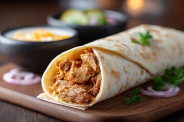 Enjoying a delicious shawarma wrap filled with seasoned meat and fresh pickles served elegantly on a wooden board