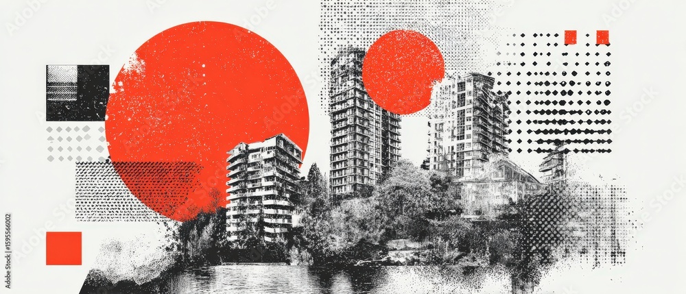 Aufkleber abstract cityscape with red circles and geometric patterns, featuring modern architecture and urban 