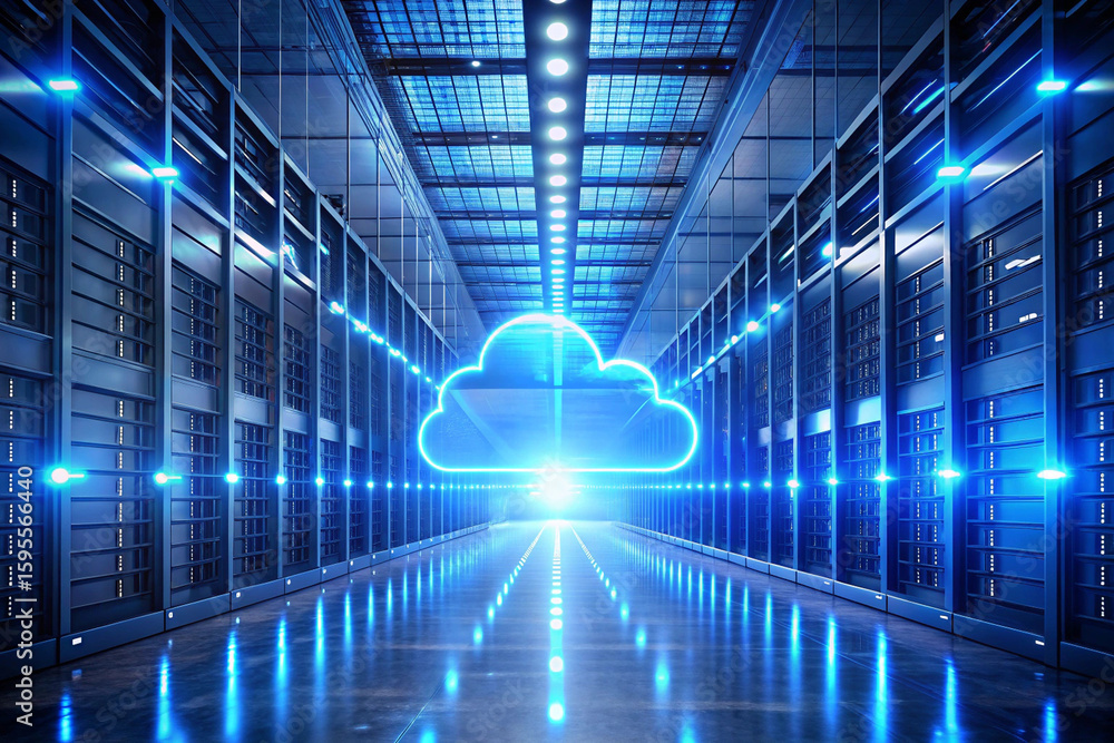 Poster cloud computing data center server room with neon cloud technology and digital transformation concep
