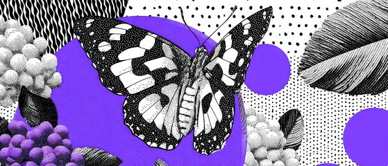 Graphic butterfly illustration with purple circles and floral elements in a modern black and white pattern design Concept of nature, art, and spring