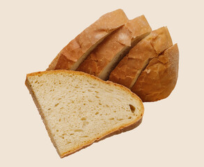 Rustic sliced bread on neutral background. Isolated bread cut into several slices. Use for bakery, food or culinary themes.
