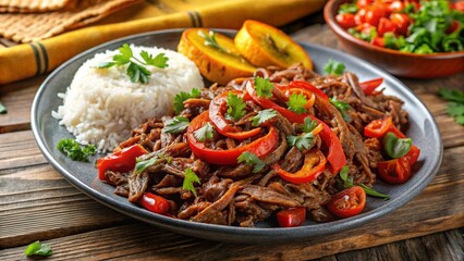 Panamanian Ropa Vieja Shredded beef in tomato sauce, vibrant peppers, plated beside rice and fried plantains.
