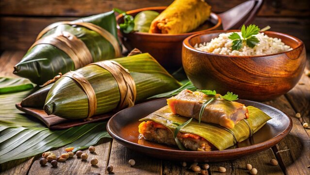  Nicaraguan Baho
Steamed meat with plantains and yuca, wrapped in banana leaves, earthen oven background.