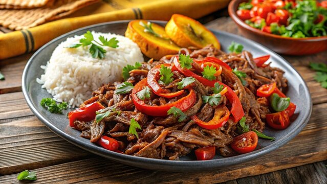 Panamanian Ropa Vieja
Shredded beef in tomato sauce, vibrant peppers, plated beside rice and fried plantains.