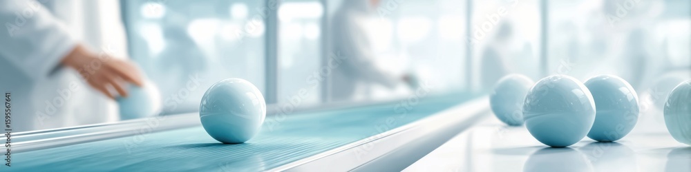 Poster ping pong ball production in a lively factory with dynamic processes and skilled workers