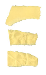 Wrinkled torn yellow paper elements set. Aged and crumpled pieces for creative layouts and visual storytelling. The paper appears wrinkled and torn with rough edges, suggesting age and wear. 