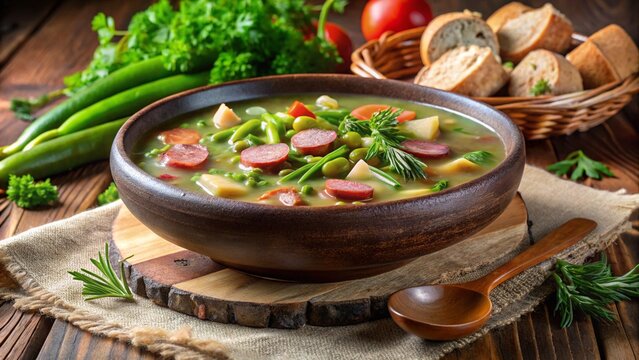 Luxembourg Bouneschlupp (Green Bean Soup)
Green bean and sausage soup in stone bowl, herbs floating, cozy Luxembourgish dining room.

