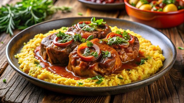  Italian Osso Buco
Braised veal shanks in rich tomato sauce, gremolata topping, side saffron risotto.

