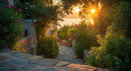 Obraz premium A sun-drenched pathway through a lush Mediterranean garden at sunset