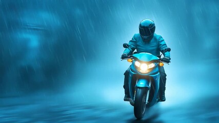 Motorcyclist in blue protective gear riding through intense blue-tinted rainstorm, headlights illuminating wet road. Dramatic motion with rain streaks and blurred background.