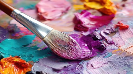 Fototapeta premium Vibrant oil paint and brush on a palette.