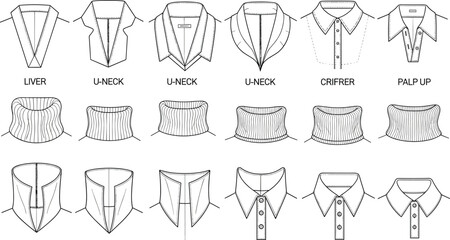 Collar vector collection, shirt collar types, CAD technical flat, neckline fashion sketch, apparel design element, garment detail illustration, collar style chart