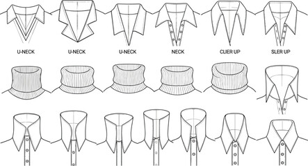 Shirt collar vector set, collar styles technical sketch, fashion flat drawing, garment neckline design, CAD collar template, clothing accessory outline, apparel illustration