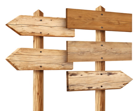 A weathered wooden signpost with multiple arrow shaped signs pointing in different directions