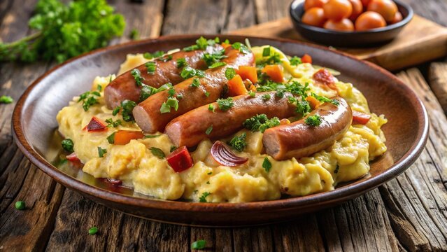 Dutch Stamppot with Sausage
Mashed vegetable stamppot topped with smoked sausage, mustard drizzle, wooden farmhouse background.