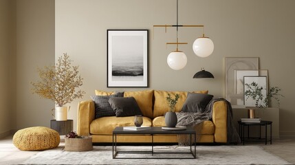 Mustard yellow couch in a modern living room.