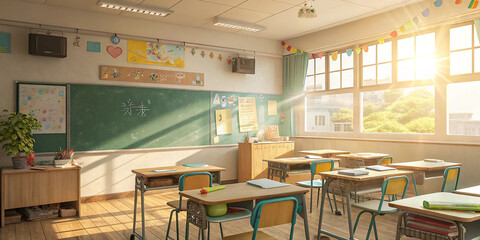 Sunlight streams into an empty japanese classroom with desks and a blackboard evoking nostalgia and learning