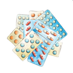 A bunch of various multicolored tablets and capsules in blisters isolated on a white background. Top view. Watercolor illustration with outline. Concept of medicine and pharmacology.