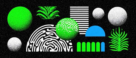 Abstract geometric shapes with vibrant colors on black background Modern art with circles, lines, and botanical elements Concept of futuristic design, creativity, and imagination