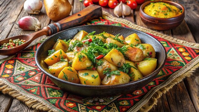 Kazakh Kuurdak with Potatoes
Rustic kuurdak meat with golden potatoes, iron skillet, nomadic-style serving decor.