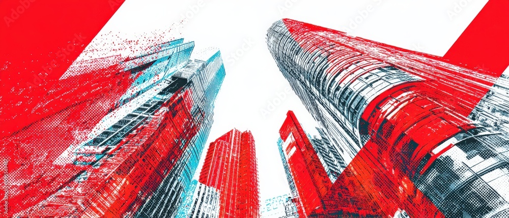 Poster abstract cityscape with modern skyscrapers and red brush strokes, creating a dynamic urban art illus