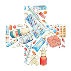 Medicines and medical products in a cross-shaped composition. Watercolor illustration with outline isolated on white background. Design for clinics, hospitals, pharmacies.